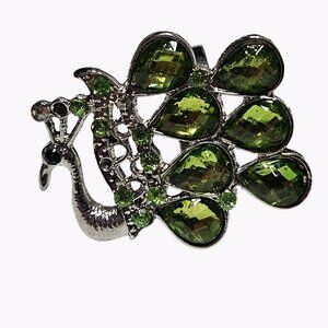 Elegant Peacock Green Rhinestone Silver Tone Ring Statement  Fashion Jewelry